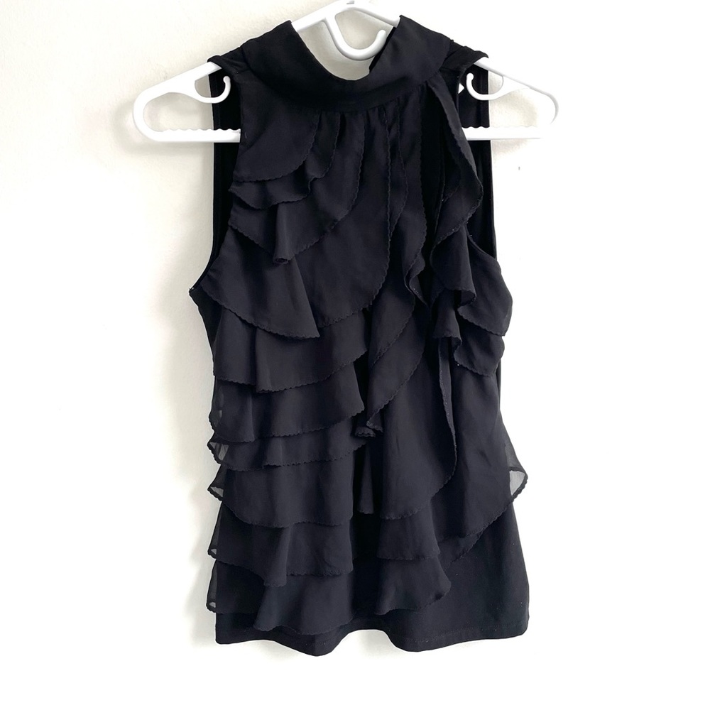 WHBM SLEEVELESS BLACK BLOUSE NECK BOW FRONT RUFFLES LINED STRETCH